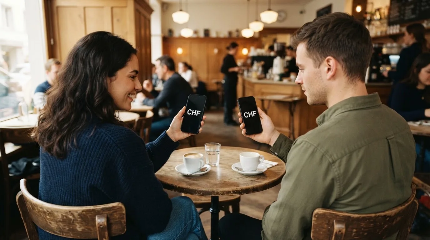 Zwei Freunde sitzen am Cafétisch und vergleichen etwas auf ihren Smartphones, Tassen mit Kaffee daneben.