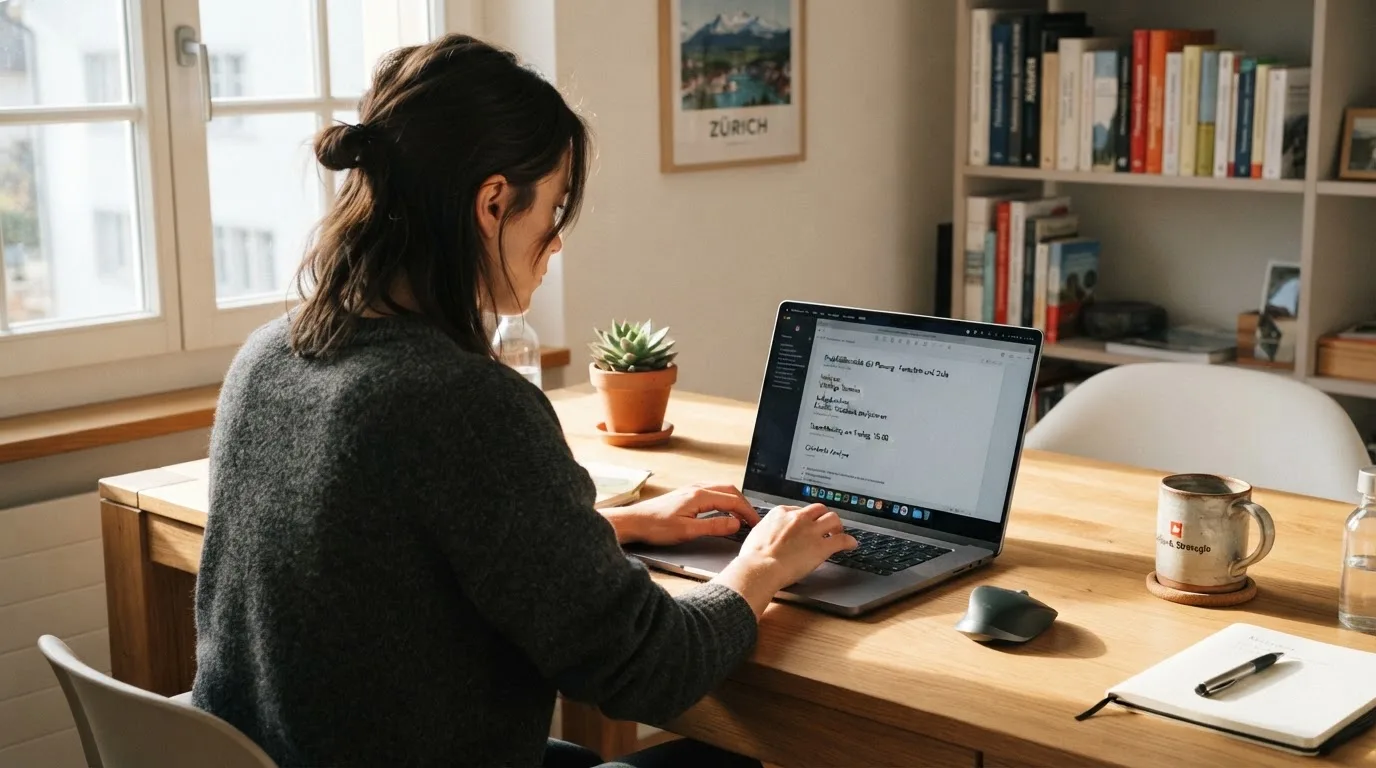 Frau sitzt am Schreibtisch und tippt konzentriert auf ihrem Laptop, Sonnenlicht fällt durchs Fenster.